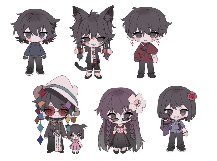 2girls, 5boys, black_eyes, black_footwear, black_gloves, black_hair, black_jacket, black_pants