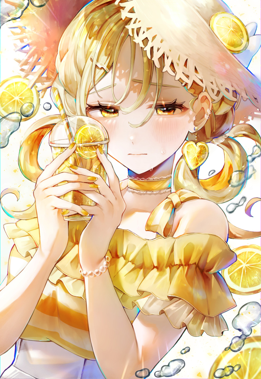 1girl, absurdres, amanomiya_megu, blonde_hair, blush, choker, cup, drink, drinking_straw, ear_piercing, earrings, food, food-themed_earrings, fruit, hair_rings, half-closed_eyes, hat, heart, heart_earrings, highres, holding, holding_cup, jewelry, lemon, lemon_earrings, lemon_slice, lemonade, nail_polish, off-shoulder_shirt, off_shoulder, original, piercing, shirt, short_sleeves, solo, straw_hat, sun_hat, sweat, water_drop, yellow_eyes, yellow_theme