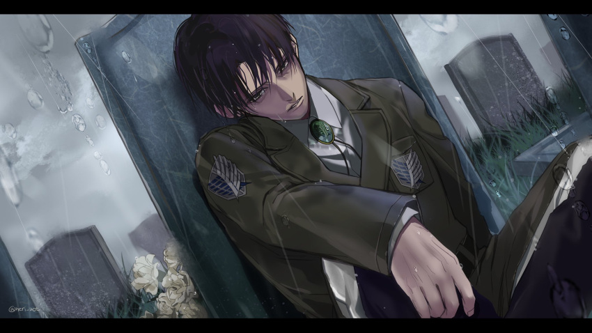 1boy, black_border, black_hair, bolo_tie, border, brown_jacket, collared_shirt, flower