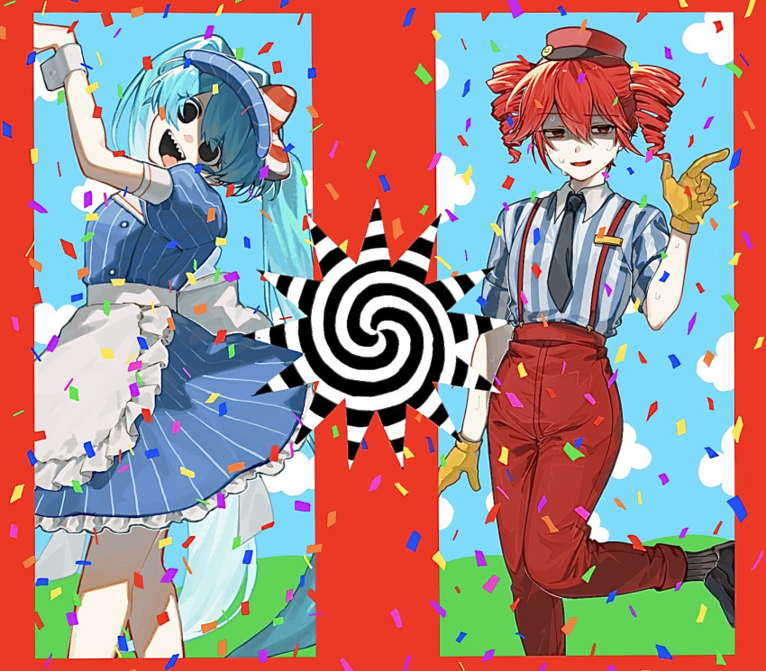 2girls, apron, aqua_hair, black_eyes, black_footwear, blue_dress, blue_shirt, confetti, cowboy_shot, crazy, distress_hand_signal, dress, drill_hair, empty_eyes, gloves, hair_between_eyes, hand_up, hat, hatsune_miku, highres, inuboe_npa, kasane_teto, leg_up, long_hair, looking_at_viewer, mesmerizer_(vocaloid), multiple_girls, name_tag, nervous_smile, nervous_sweating, open_mouth, pants, pinstripe_dress, pinstripe_hat, pinstripe_pattern, red_pants, red_suspenders, redhead, sharp_teeth, shirt, short_sleeves, sidelocks, smile, striped_clothes, striped_shirt, sweat, teeth, tridecagram, turn_pale, twin_drills, twintails, utau, visor_cap, vocaloid, waist_apron, white_apron, white_shirt, yellow_gloves