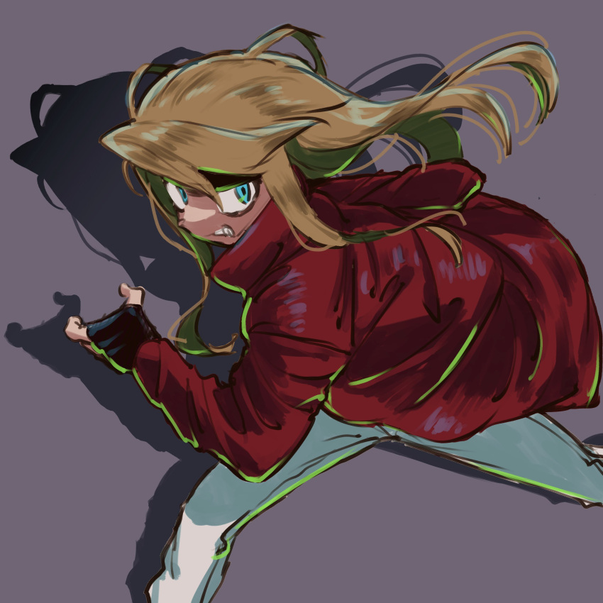 1girl, absurdres, berit_(eisu), black_gloves, blonde_hair, blue_eyes, clenched_teeth, coat