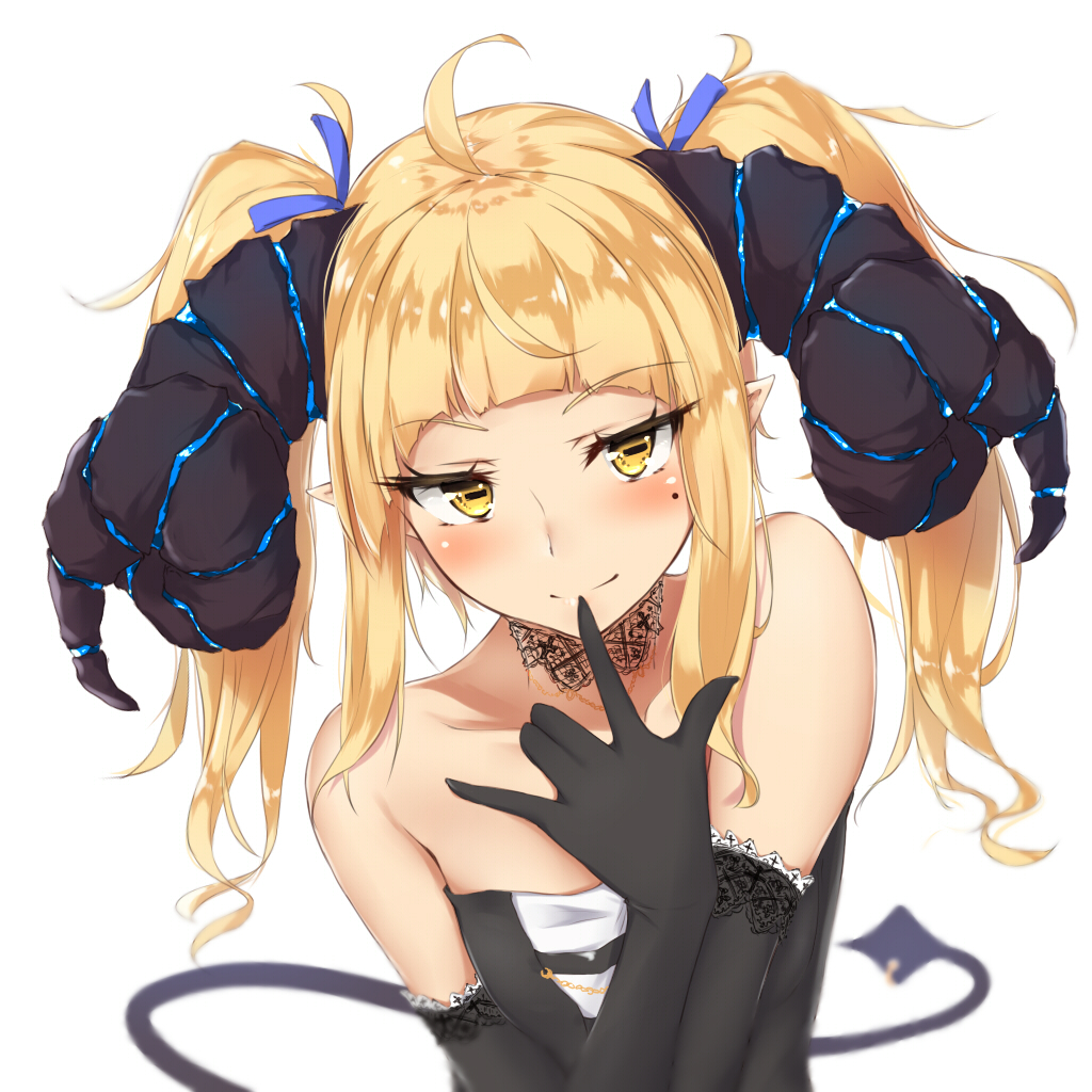 1girl, bare_shoulders, black_dress, black_lace_trim, blonde_hair, blue_bow, blurry, blurry_background, blush, bow, breasts, chain, choker, commentary_request, cropped_torso, demon_girl, demon_tail, dress, elbow_gloves, finger_to_mouth, gloves, glowing_horns, gold_chain, hair_bow, horizontal_pupils, horns, lace, lace_choker, lace_trim, mole, mole_under_eye, original, rinrin_kai, simple_background, small_breasts, smile, solo, strapless, strapless_dress, tail, twintails, white_background
