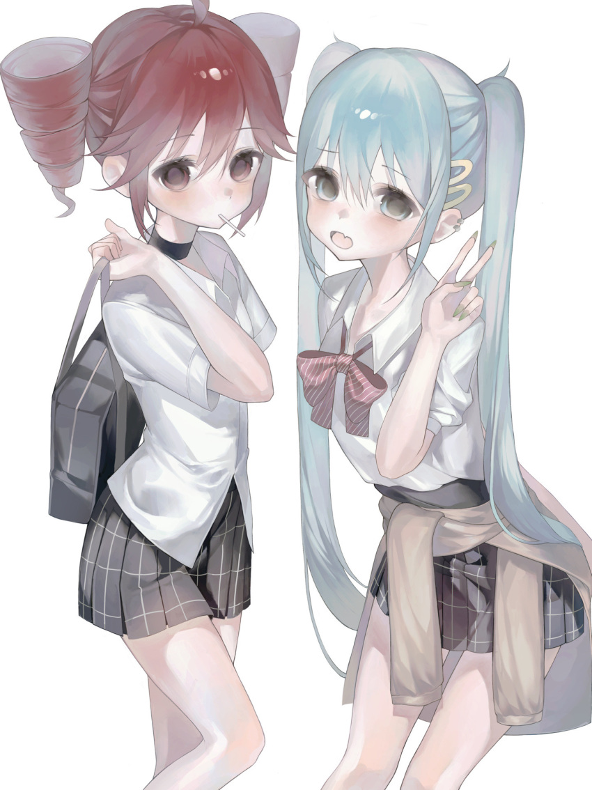 2girls, bag, blue_eyes, blue_hair, blush, bow, bowtie, choker, clothes_around_waist, collared_shirt, drill_hair, ear_piercing, fang, fingernails, hair_ornament, hairclip, hatsune_miku, highres, holding, holding_bag, kasane_teto, li_(pixiv_93914145), long_fingernails, long_hair, looking_at_viewer, mouth_hold, multiple_girls, nail_polish, open_mouth, piercing, plaid_clothes, plaid_skirt, red_eyes, redhead, school_bag, school_uniform, shirt, short_sleeves, skin_fang, skirt, smile, striped_bow, striped_bowtie, striped_clothes, sweater, sweater_around_waist, twin_drills, twintails, utau, v, very_long_hair, vocaloid