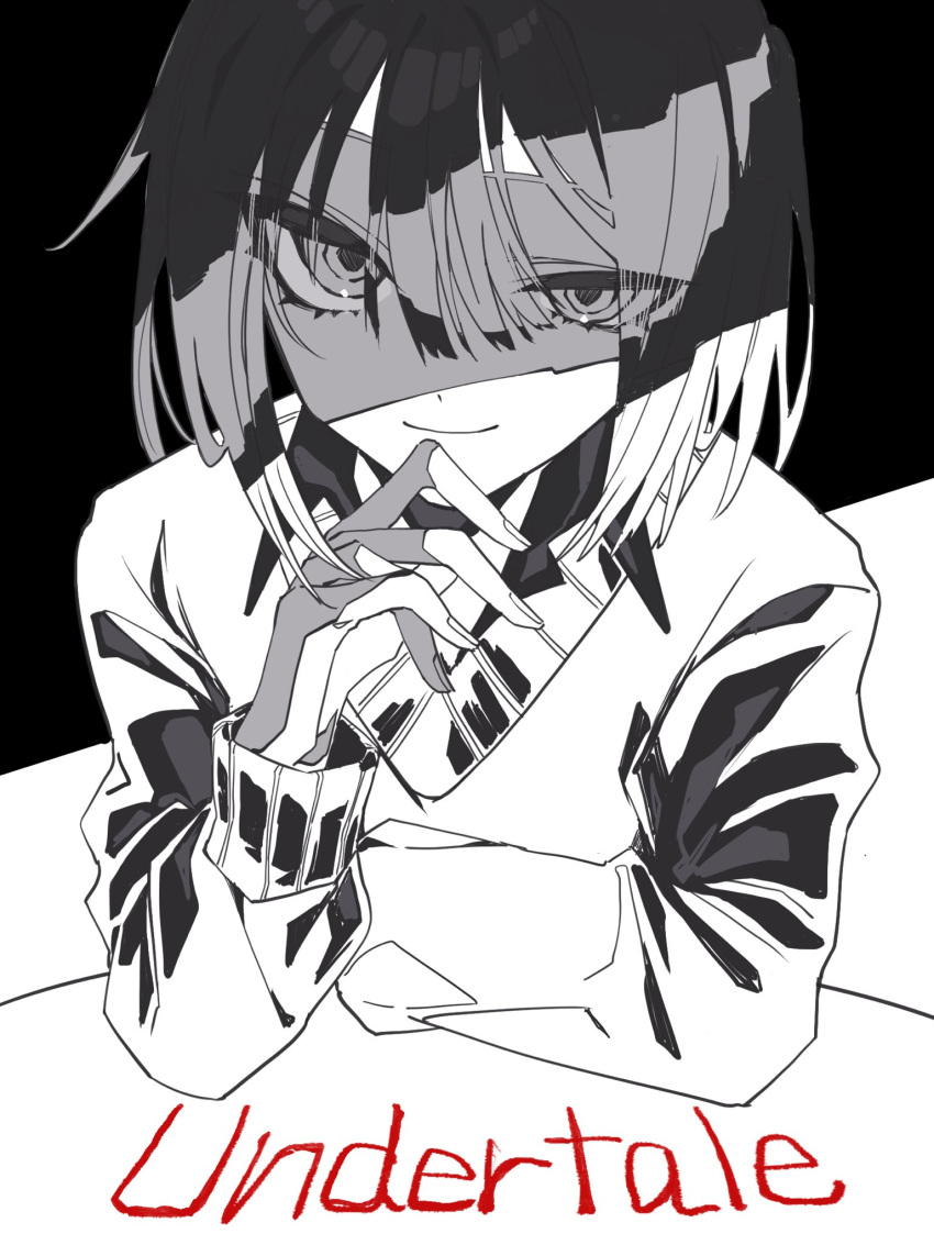 1other, arm_rest, bob_cut, center-flap_bangs, chara_(undertale), closed_mouth, collared_shirt, commentary_request