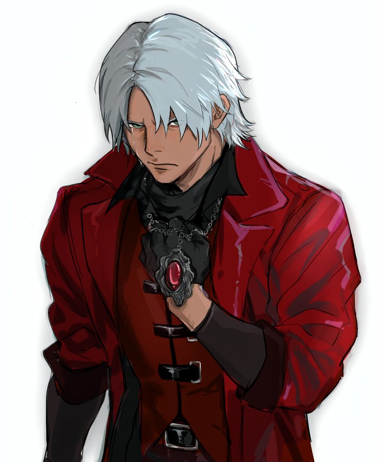 1boy, black_gloves, black_shirt, blue_eyes, closed_mouth, coat, commentary, crying, dante_(devil_may_cry), devil_may_cry_(series), devil_may_cry_1, frown, gem, gloves, hair_over_one_eye, hand_on_own_chest, jewelry, lapels, layered_clothes, long_sleeves, looking_at_viewer, male_focus, matchi_(2646291181), necklace, open_clothes, open_coat, parted_bangs, red_coat, red_gemstone, red_vest, shirt, simple_background, solo, streaming_tears, tears, turtleneck, undershirt, upper_body, vest, white_background, white_hair