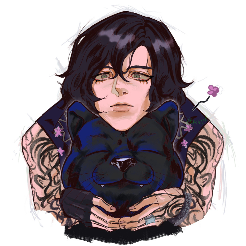 1boy, absurdres, animal, animal_ears, arm_tattoo, black_cat, black_fur, black_gloves