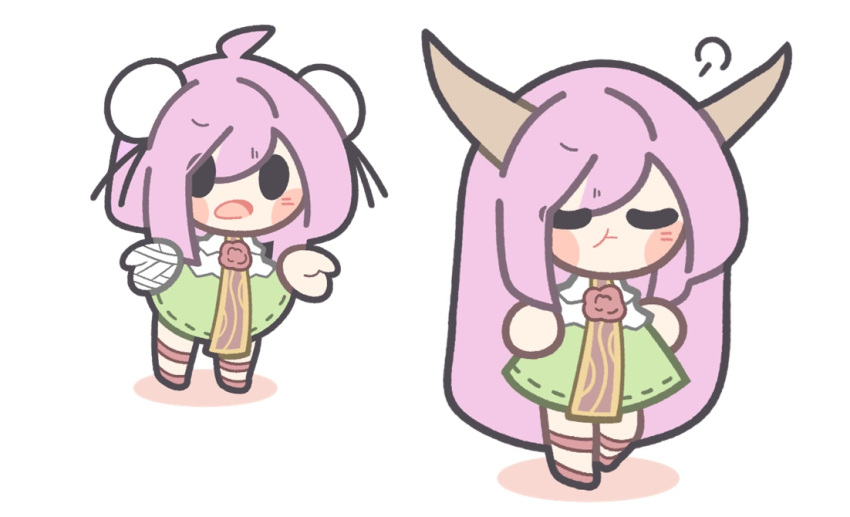 2girls, :t, baek_ban, bandaged_hand, bandages, blush_stickers, bun_cover, chibi
