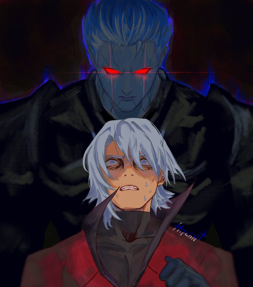 2boys, arm_up, armor, black_armor, black_background, black_gloves, black_shirt, blue_eyes