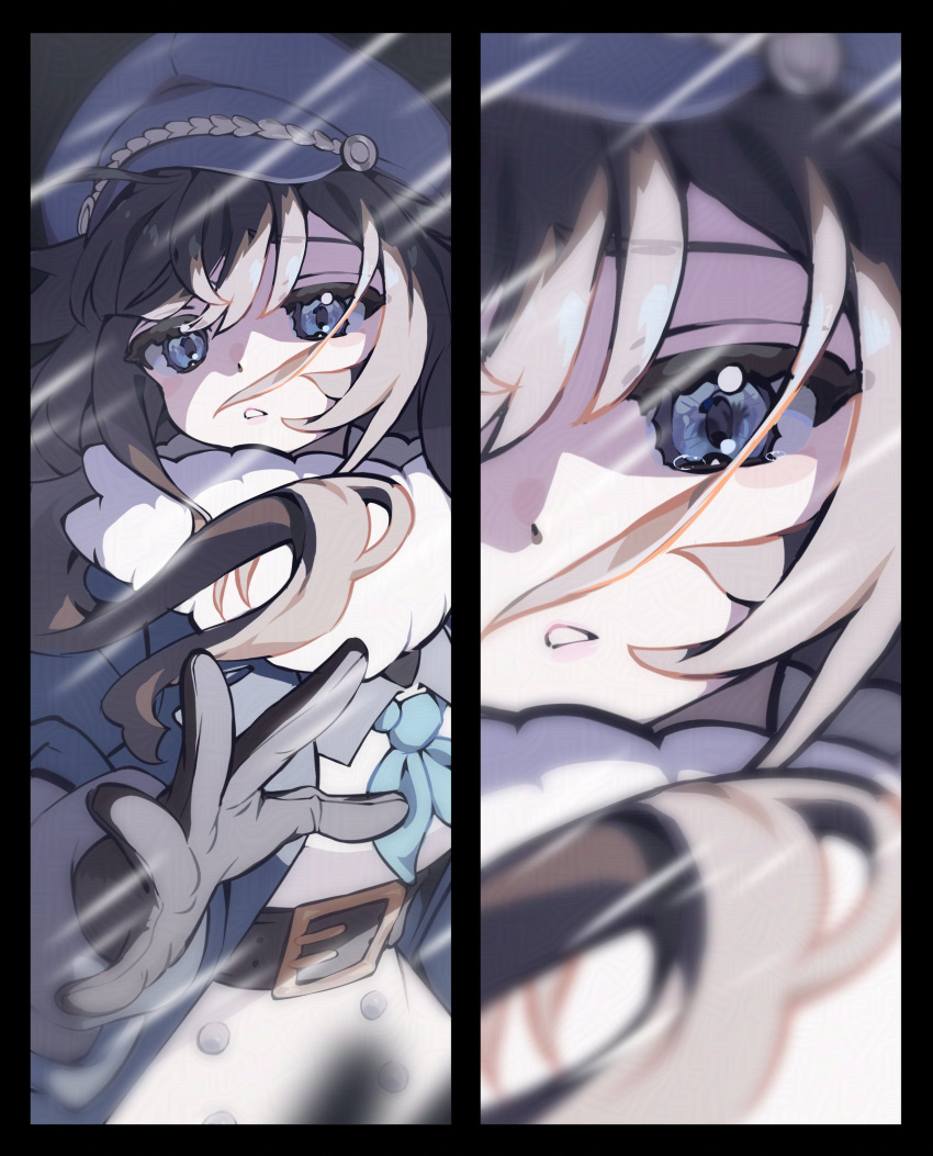 1girl, :o, absurdres, belt, black_gloves, blue_coat, blue_eyes, blue_neckerchief