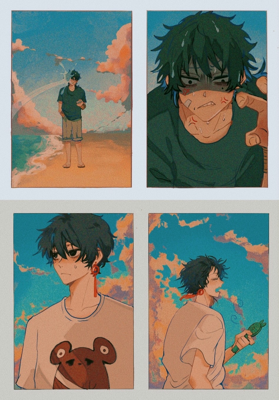 2boys, alternate_costume, angry, bandage_on_face, bandages, beach, black_hair, black_shirt