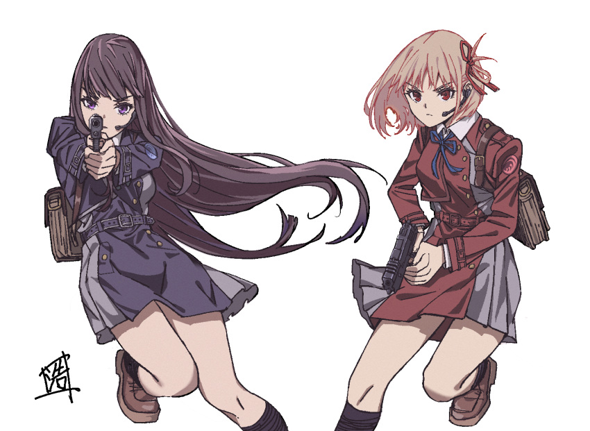 2girls, acuttle, aiming, aiming_at_viewer, backpack, bag, belt, black_socks