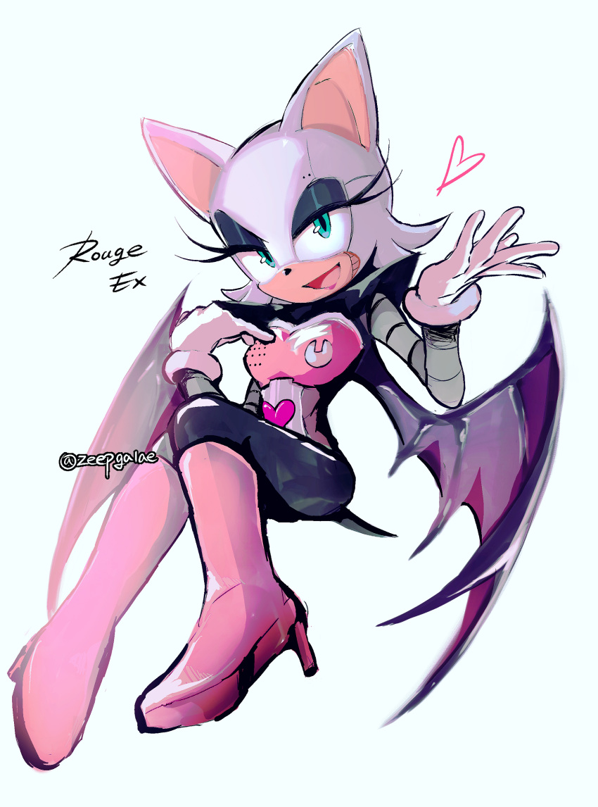1girl, animal_ears, animal_nose, bat_ears, bat_girl, bat_wings, black_eyeshadow, boots, character_name, commentary, cosplay, eyeshadow, furry, furry_female, gloves, green_eyes, hand_up, heart, highres, knee_boots, korean_commentary, long_eyelashes, looking_at_viewer, makeup, mechanical_arms, mettaton, mettaton_ex, mettaton_ex_(cosplay), open_mouth, pink_footwear, rouge_the_bat, simple_background, smile, solo, sonic_(series), tail, twitter_username, undertale, white_fur, white_gloves, wings, zeepgalae