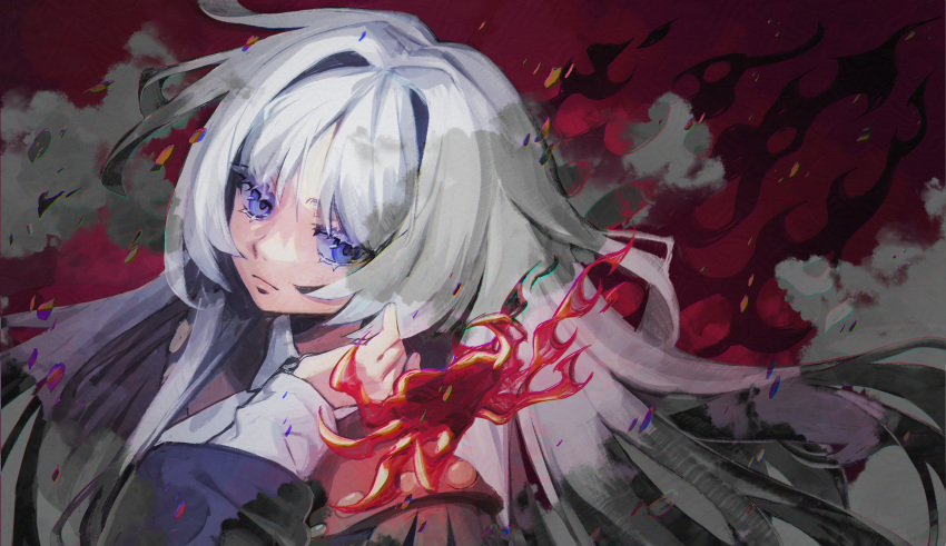 1girl, absurdres, adjusting_hair, black_sleeves, blue_eyes, closed_mouth, dikke_(reverse:1999), disembodied_hand
