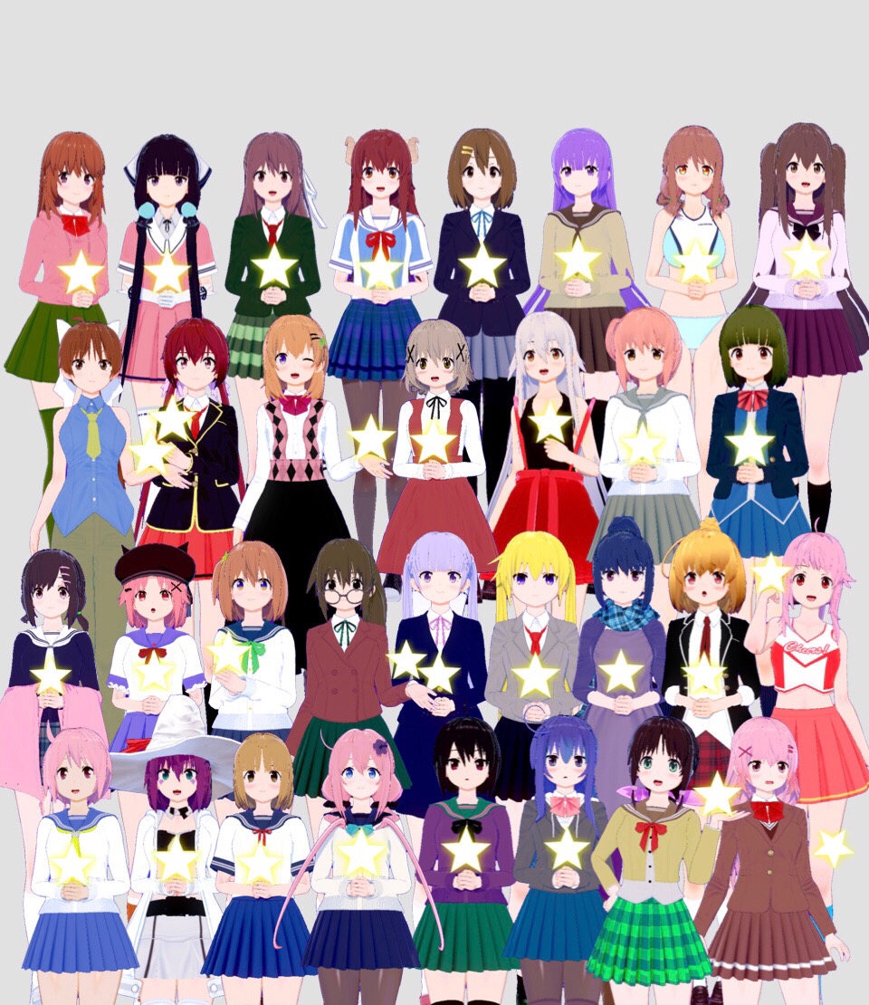 3d, 6+girls, anima_yell!, anne_happy, black_hair, blonde_hair, blue_eyes, blue_hair, bocchi_the_rock!, comic_girls, gochuumon_wa_usagi_desu_ka?, gotoh_hitori, hanakoizumi_an, hatoya_kohane, hidamari_sketch, hoto_cocoa, ichinose_hana, kill_me_baby, kirara_fantasia, koisuru_asteroid, konohata_mira, koufuku_graffiti, machikado_mazoku, machiko_ryou, moeta_kaoruko, multiple_girls, nonohara_yuzuko, ochikobore_fruit_tart, pink_hair, pink_shirt, purple_eyes, purple_hair, red_eyes, red_hair, sakura_ino, shima_rin, slow_start, sonya_(kill_me_baby), stella_no_mahou, yoshida_yuuko_(machikado_mazoku), yuno, yurucamp, yuyushiki