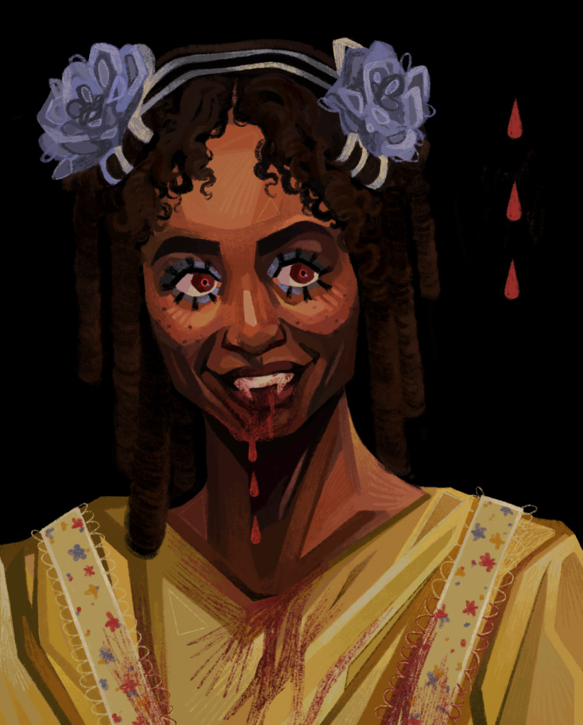 1girl, black_background, blood, blood_drip, blood_from_mouth, blood_on_clothes, blood_on_face, blood_on_teeth