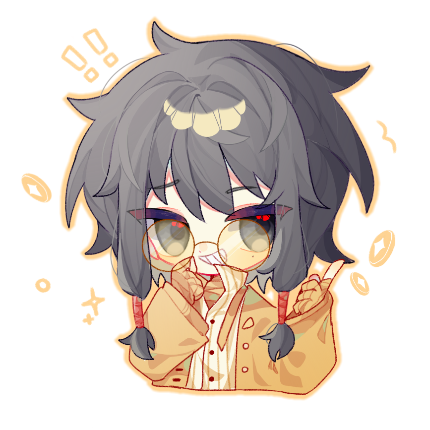 1boy, black_eyes, black_hair, chinese_commentary, collared_shirt, commentary_request, cropped_torso, grin, jacket, luojia671, male_focus, mole, mole_under_eye, open_clothes, open_collar, open_jacket, outline, round_eyewear, shirt, short_hair_with_long_locks, simple_background, smile, solo, striped_clothes, striped_shirt, tinted_eyewear, touqi_guaitan, vertical-striped_clothes, vertical-striped_shirt, white_background, white_shirt, yellow-tinted_eyewear, yellow_jacket, yellow_outline, ziche_fuzhao