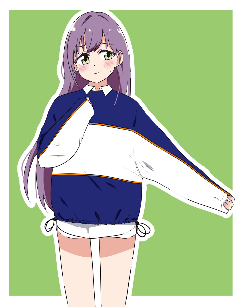 1girl, 3:, absurdres, alternate_costume, averting_eyes, blue_sweater, blush, border