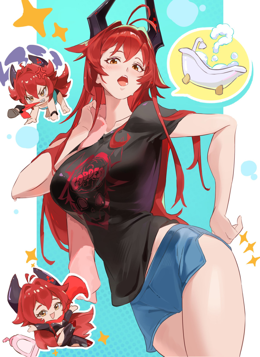 1girl, ?, absurdres, anger_vein, antenna_hair, bathtub, black_shirt, blush, breasts, chibi, chibi_inset, collarbone, commentary, fang, goddess_of_victory:_nikke, hair_between_eyes, hand_on_own_hip, highres, horns, large_breasts, long_hair, looking_at_viewer, mechanical_horns, open_mouth, rakaieye, red_hood_(nikke), redhead, shirt, shorts, sidelocks, solo, speech_bubble, symbol-only_commentary, teeth, thighs, upper_teeth_only, yellow_eyes