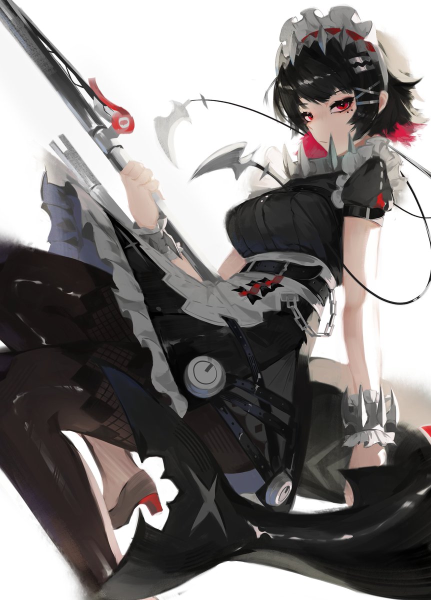 1girl, belt, black_hair, black_leggings, breasts, chain, colored_inner_hair, ellen_joe