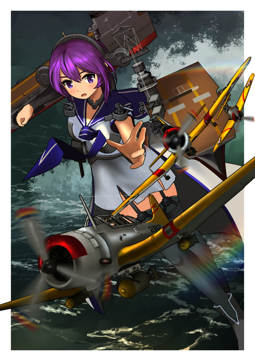 2girls, aircraft, airplane, black_footwear, black_thighhighs, boots, breasts, dress, fairy_(kancolle), fighter_jet, flight_deck, garter_straps, headgear, highres, jet, kantai_collection, lexington_(kancolle), medium_hair, military_vehicle, mixed-language_commentary, multiple_girls, necktie, open_mouth, outdoors, purple_hair, purple_sailor_collar, rigging, sailor_collar, sailor_dress, short_sleeves, solo_focus, thigh-highs, timmyyen, violet_eyes, water, white_dress