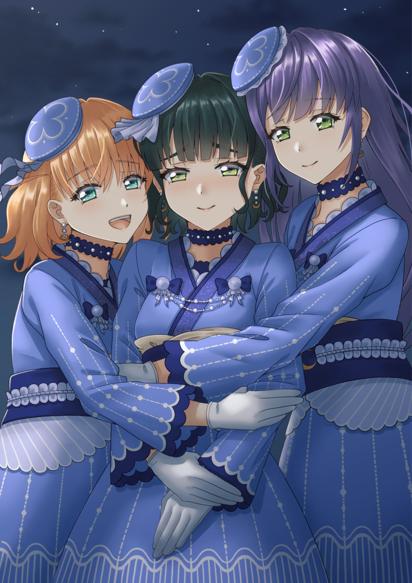 3girls, :d, aqua_eyes, beret, black_hair, blue_choker, blue_hat, blue_kimono