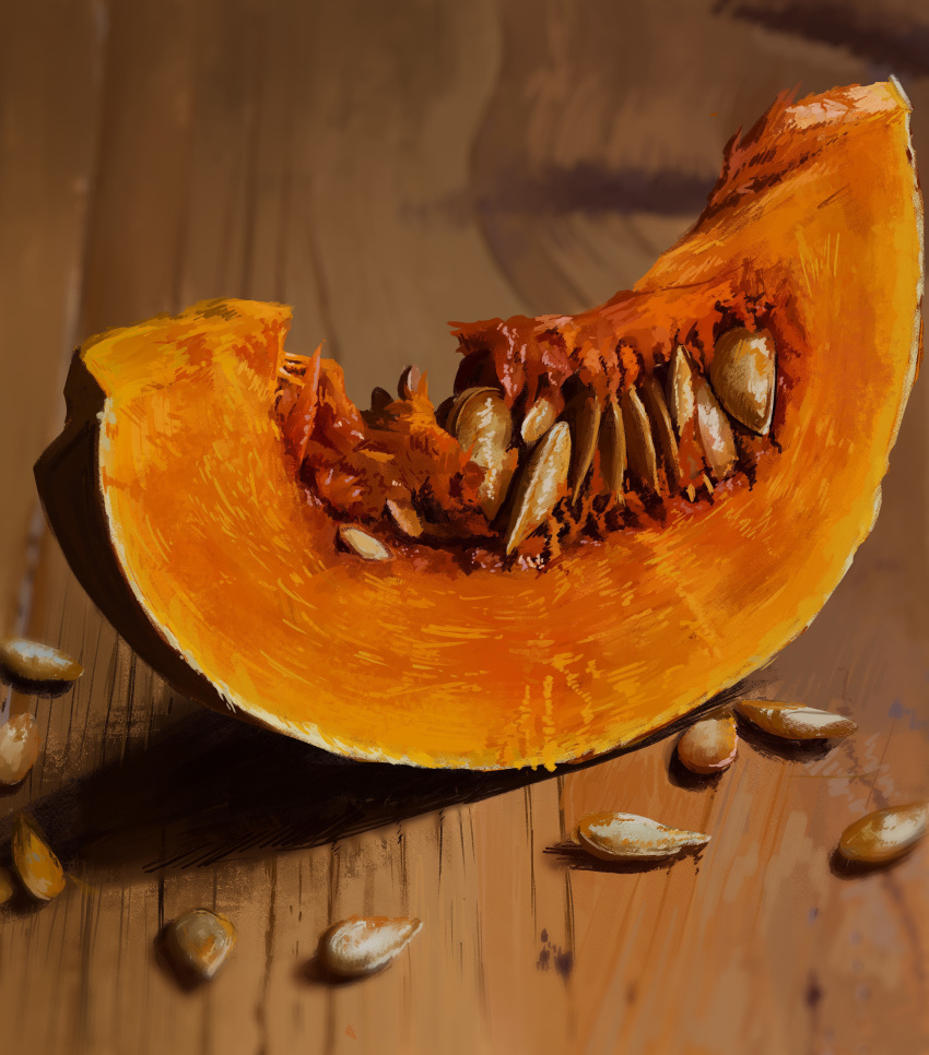absurdres, derivative_work, food, fruit, highres, no_humans, original, pumpkin, pumpkin_slice, rei_(lappy_mofumofu), seed