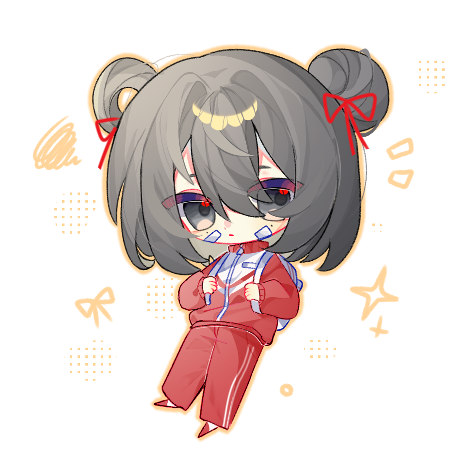 1girl, backpack, bag, bandage_on_face, bandages, black_eyes, black_hair, chibi, chibi_only, chinese_commentary, closed_mouth, commentary_request, eyes_visible_through_hair, hair_between_eyes, hair_bun, hair_ribbon, jacket, li_yuting_(female), luojia671, medium_hair, mole, mole_under_each_eye, mole_under_eye, multiple_moles, outline, pants, red_jacket, red_pants, red_ribbon, red_track_suit, ribbon, simple_background, single_hair_bun, single_hair_ring, solo, touqi_guaitan, track_suit, white_background, white_bag, yellow_outline