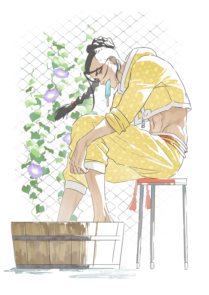 1boy, abs, basin, belt, black_hair, braid, chain-link_fence, cropped_jacket