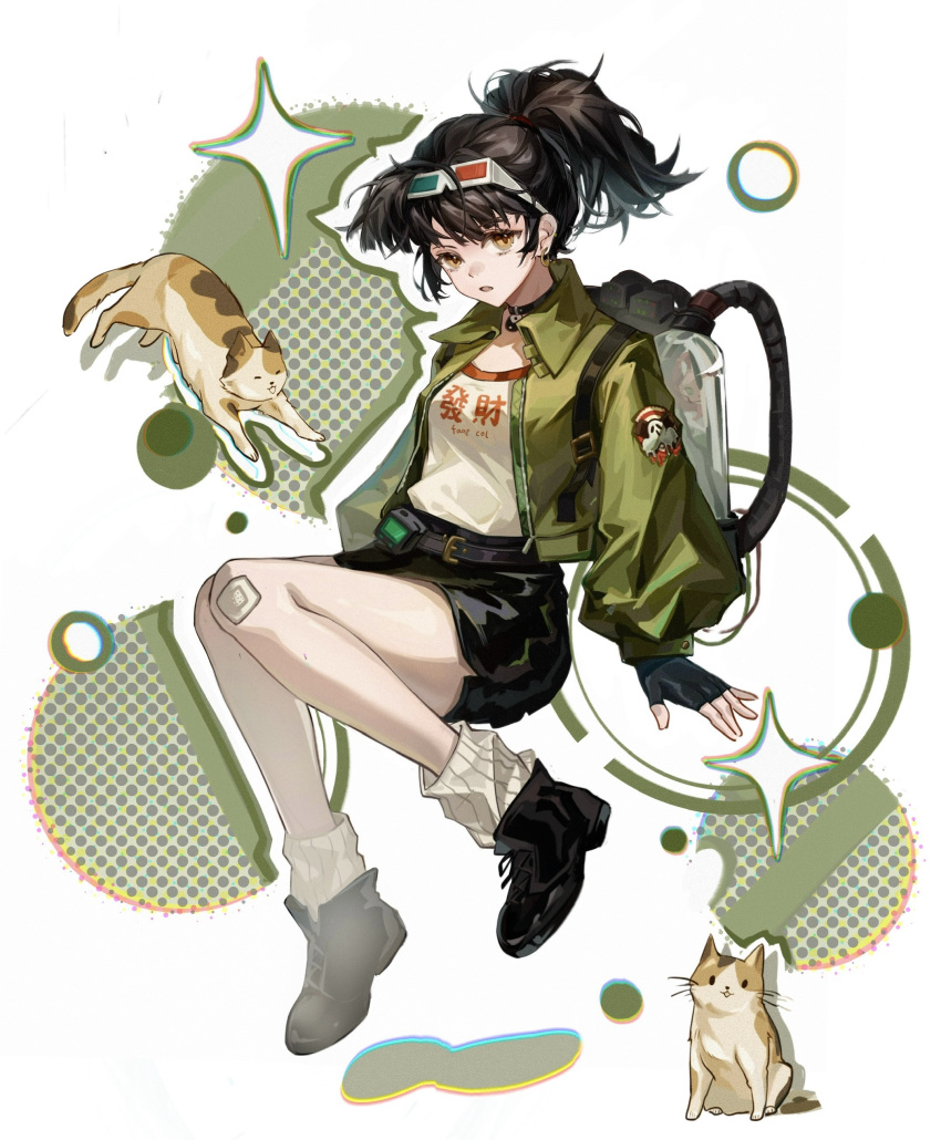 1girl, 3d_glasses, absurdres, an-an_lee, bandage_on_knee, black_footwear, black_gloves, black_shorts, breasts, brown_eyes, brown_hair, cat, chinese_commentary, collared_jacket, commentary_request, earrings, eyewear_on_head, fingerless_gloves, gloves, green_jacket, highres, invisible_chair, jacket, jewelry, long_sleeves, open_clothes, open_jacket, open_mouth, ponytail, puffy_long_sleeves, puffy_sleeves, reverse:1999, ribbed_socks, shirt, shorts, sitting, small_breasts, socks, solo, white_shirt, white_socks, zhuyixuan39927