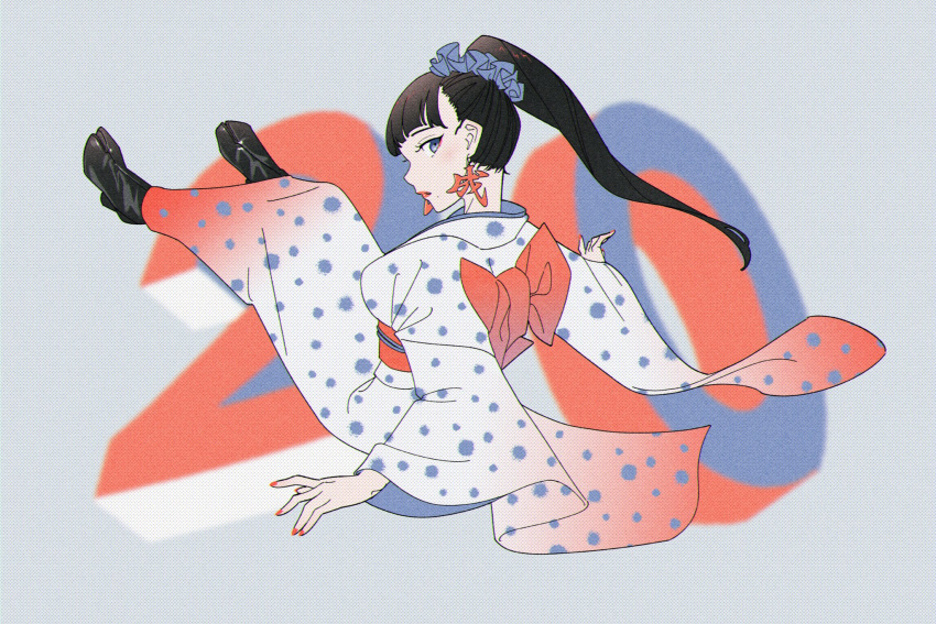 1girl, acubi_tomaranai, black_footwear, black_hair, blue_eyes, blue_kimono, commentary_request, earrings, eyeshadow, full_body, hair_ornament, hair_scrunchie, highres, japanese_clothes, jewelry, kimono, lipstick, long_hair, looking_at_viewer, makeup, nail_polish, new_year, nontraditional_jika-tabi, number_background, obi, original, polka_dot, polka_dot_kimono, ponytail, red_eyeshadow, red_nails, sash, scrunchie, solo, white_kimono