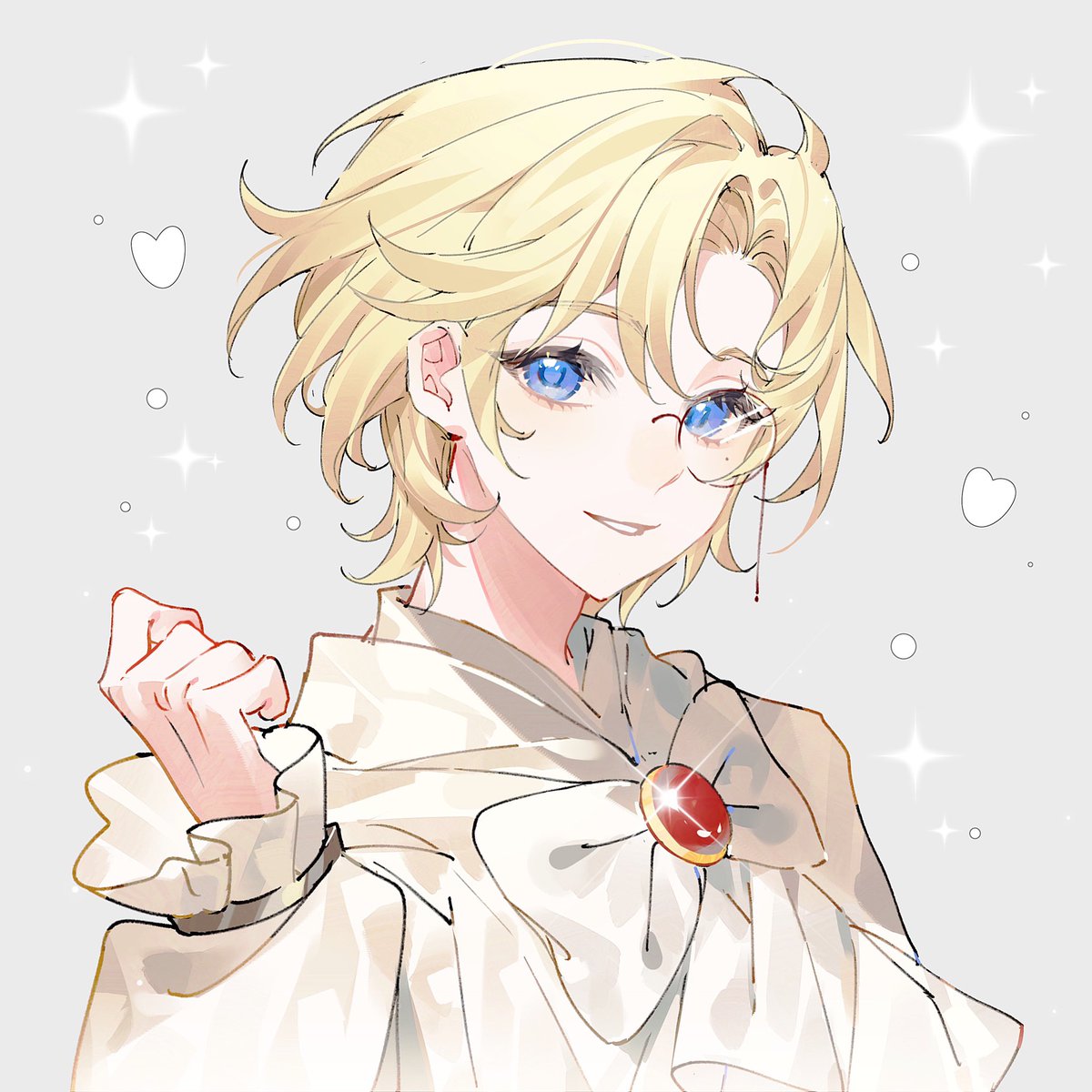 1boy, arm_up, blonde_hair, blue_eyes, bow, bracelet, commentary, curled_fingers