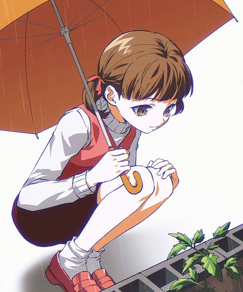 1girl, absurdres, ako_(eanaaati1), brown_eyes, brown_hair, closed_mouth, commentary, doujima_nanako, highres, holding, holding_umbrella, long_sleeves, looking_down, persona, persona_4, plant, shirt, short_hair, short_twintails, smile, socks, solo, squatting, symbol-only_commentary, twintails, umbrella, white_background, white_shirt, white_socks