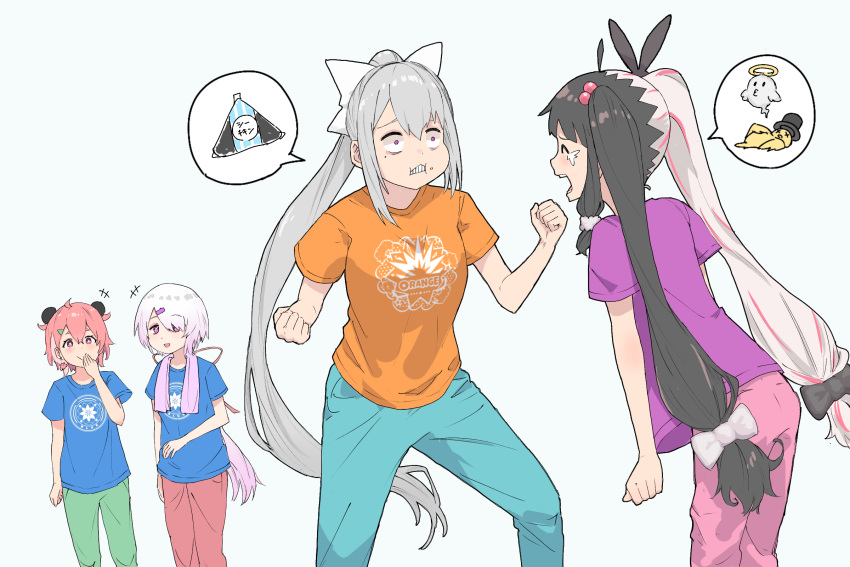 +++, 4girls, :d, animal_ears, black_hair, black_hat, blue_pants, blue_shirt