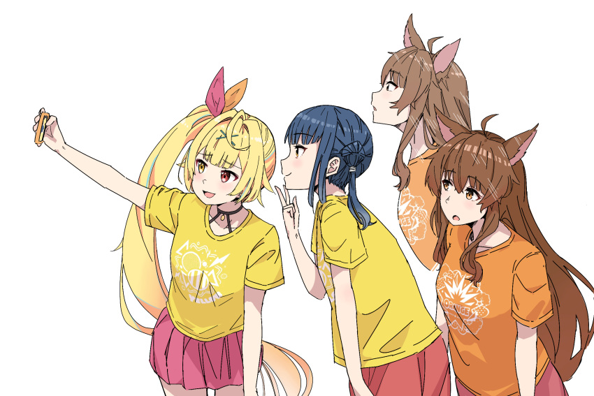 3girls, :d, afterimage, ahoge, animal_ears, black_hair, blonde_hair, blue_hair