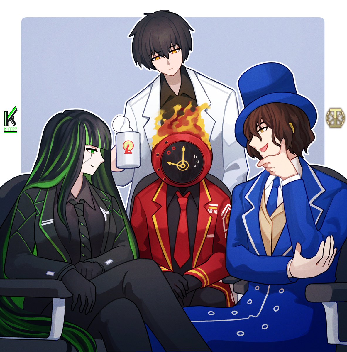 1girl, 1other, 2boys, alfonso_(project_moon), ayin_(project_moon), black_coat, black_hair, black_necktie