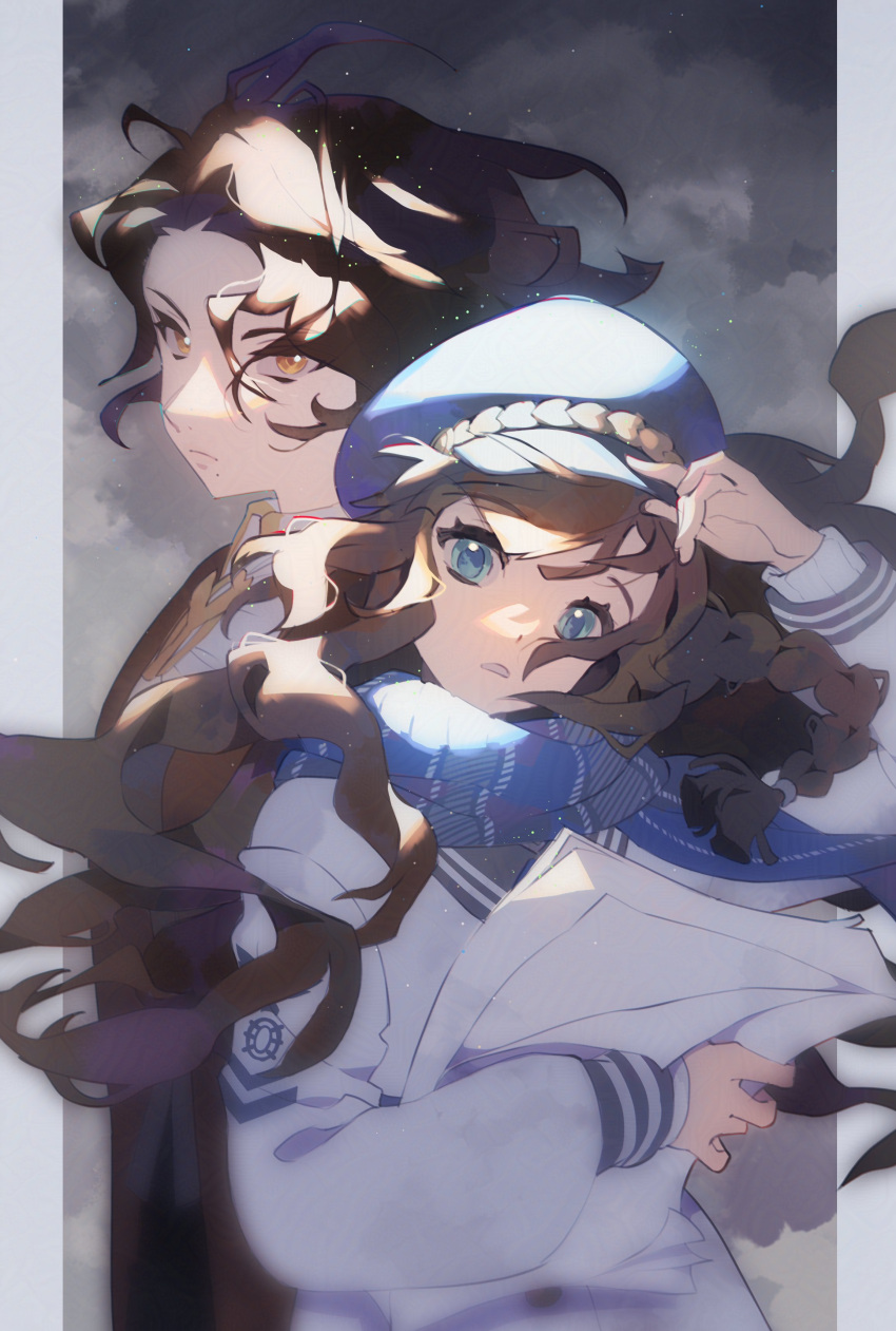2girls, :/, absurdres, adjusting_clothes, adjusting_headwear, back-to-back, black_coat, black_hair