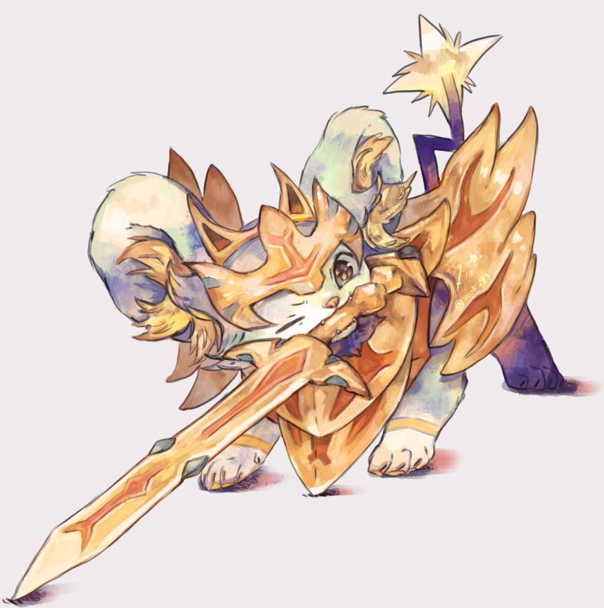 animal_focus, brown_eyes, cosplay, fangs, full_body, grey_background, holding, holding_sword, holding_weapon, mokunami, mouth_hold, no_humans, one_eye_closed, pawpads, pokemon, pokemon_(creature), shinx, simple_background, solo, sword, weapon, zacian, zacian_(crowned), zacian_(crowned)_(cosplay), zamazenta, zamazenta_(hero), zamazenta_(hero)_(cosplay)
