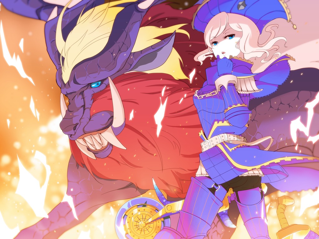 blonde_hair, blue_eyes, chain, character_request, fang, fire, hiiro_(kikokico), horn
