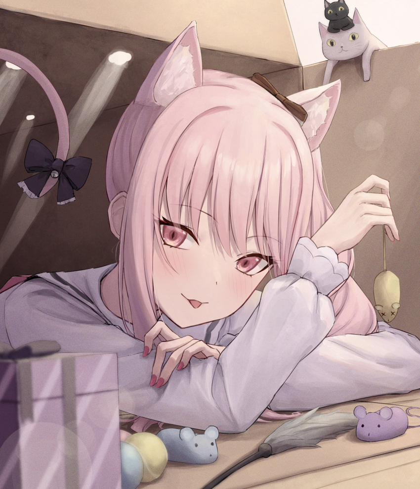 1girl, :p, akiyama_mizuki, animal_ears, blush, box, cardboard_box, cat