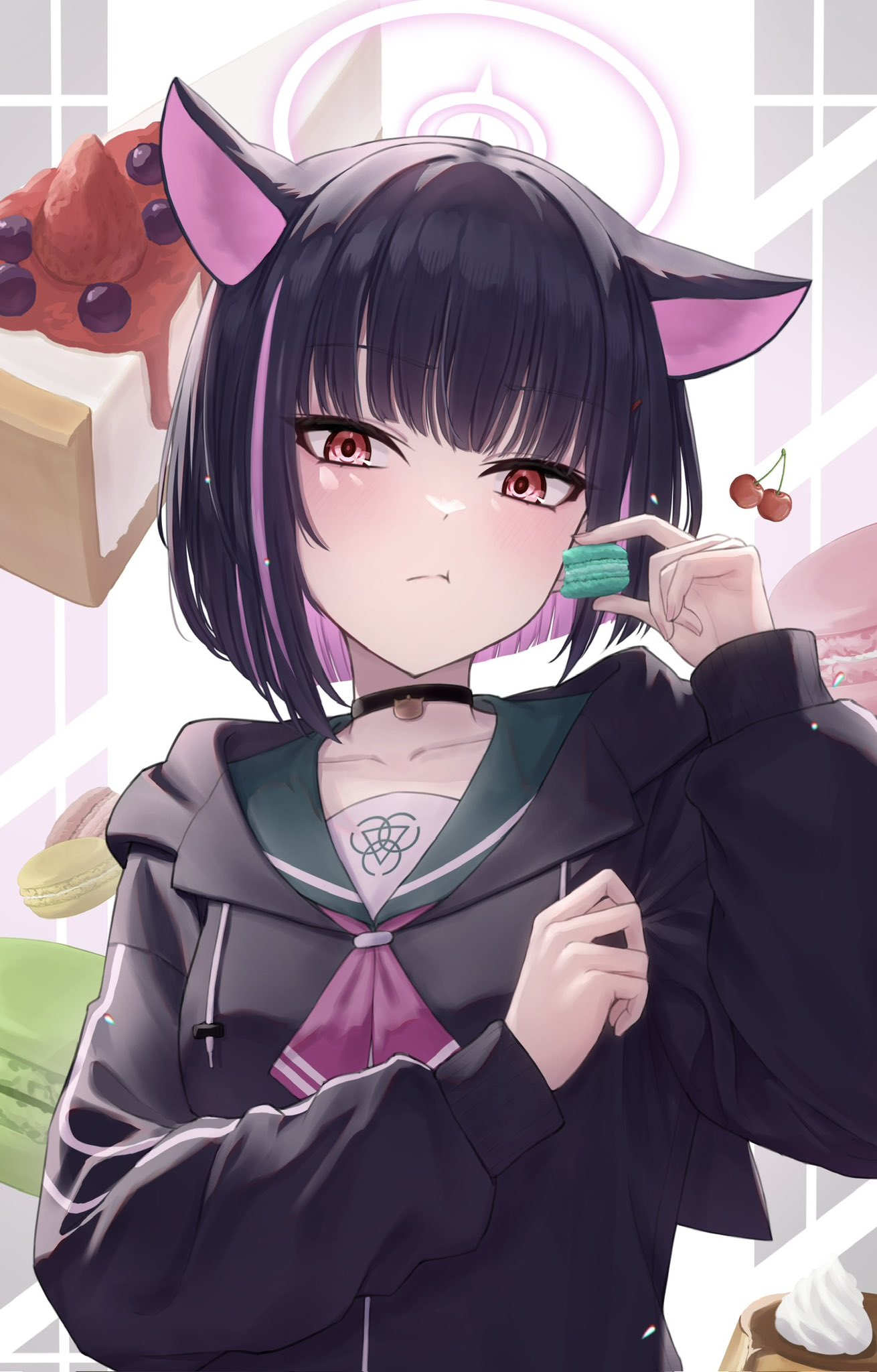 1girl, animal_ears, black_hair, blue_archive, cat_ears, cheesecake, cherry, collar