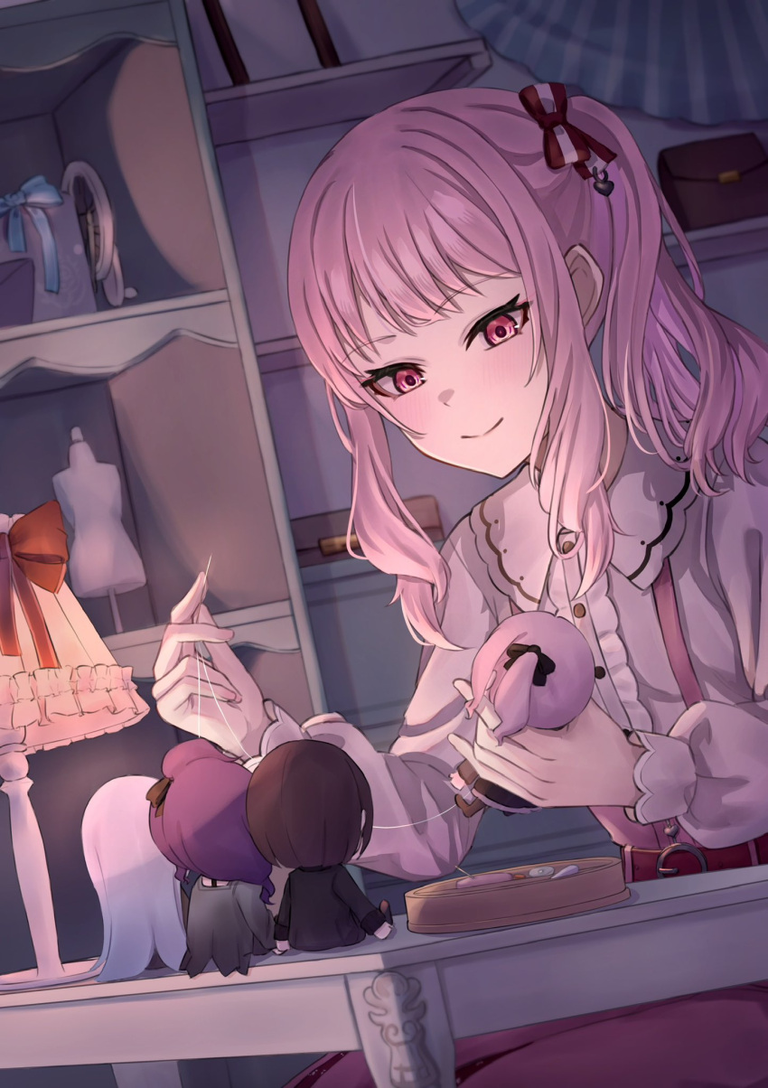 1girl, akiyama_mizuki, bag, dress, hair_ribbon, highres, holding_sewing_needle, huran_tea