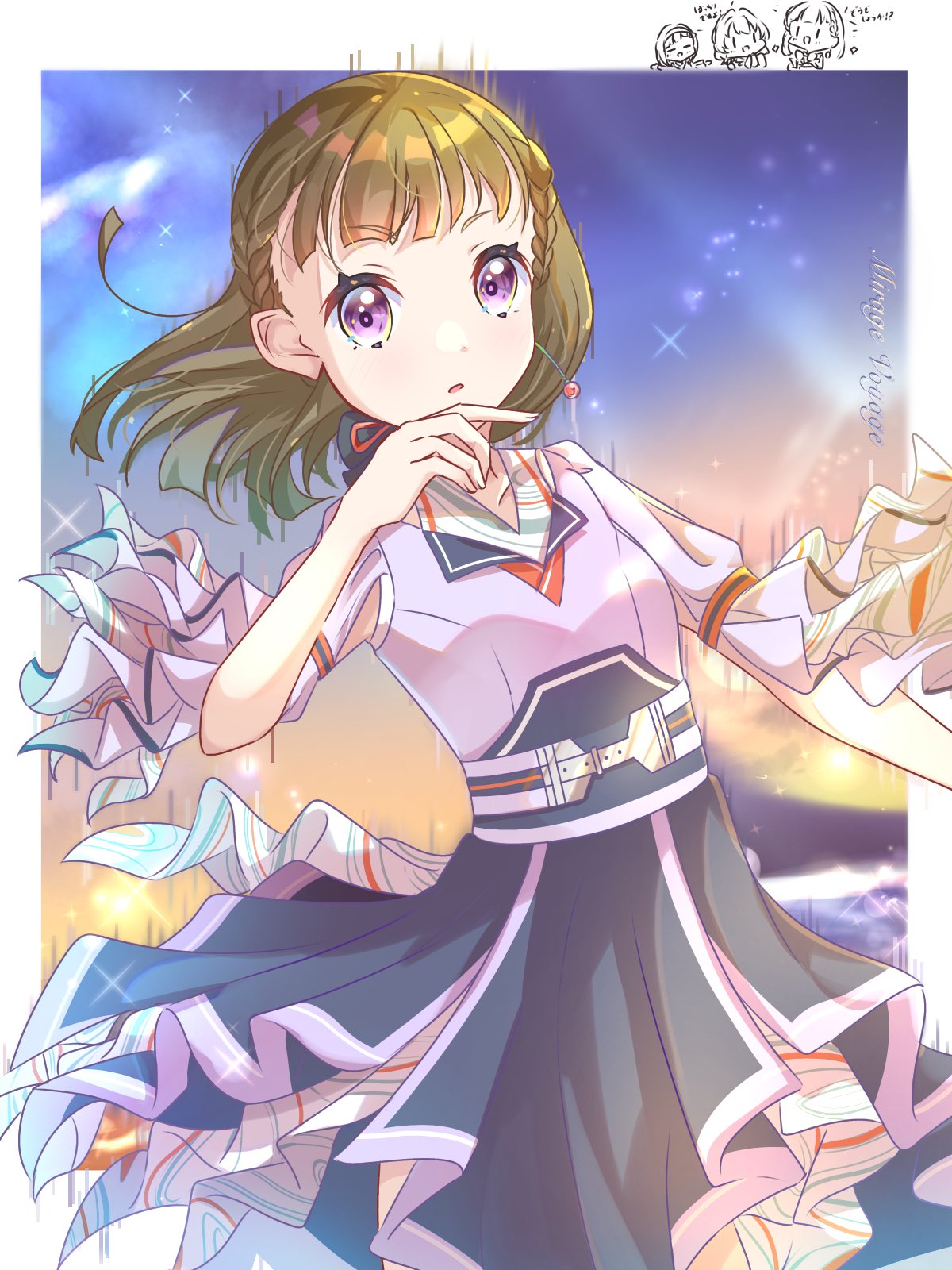 3girls, :d, alternate_costume, black_skirt, blurry, blurry_background, border, braid, brown_hair, center-flap_bangs, chibi, chibi_inset, commentary, cowboy_shot, floating_hair, frilled_sleeves, frills, highres, kachimachi_kosuzu, layered_skirt, link!_like!_love_live!, long_hair, looking_at_viewer, love_live!, mirage_voyage_(love_live!), multiple_girls, murano_sayaka, open_mouth, outside_border, pink_eyes, purple_shirt, sakari_(pear_8_ll), shirt, short_sleeves, side_braids, skirt, smile, solo_focus, song_name, straight_hair, translation_request, virtual_youtuber, white_border, yugiri_tsuzuri, |_|