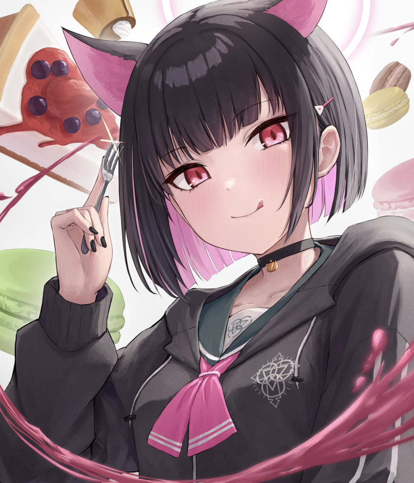1girl, animal_ears, black_hair, blue_archive, cat_ears, cheesecake, collar, collarbone