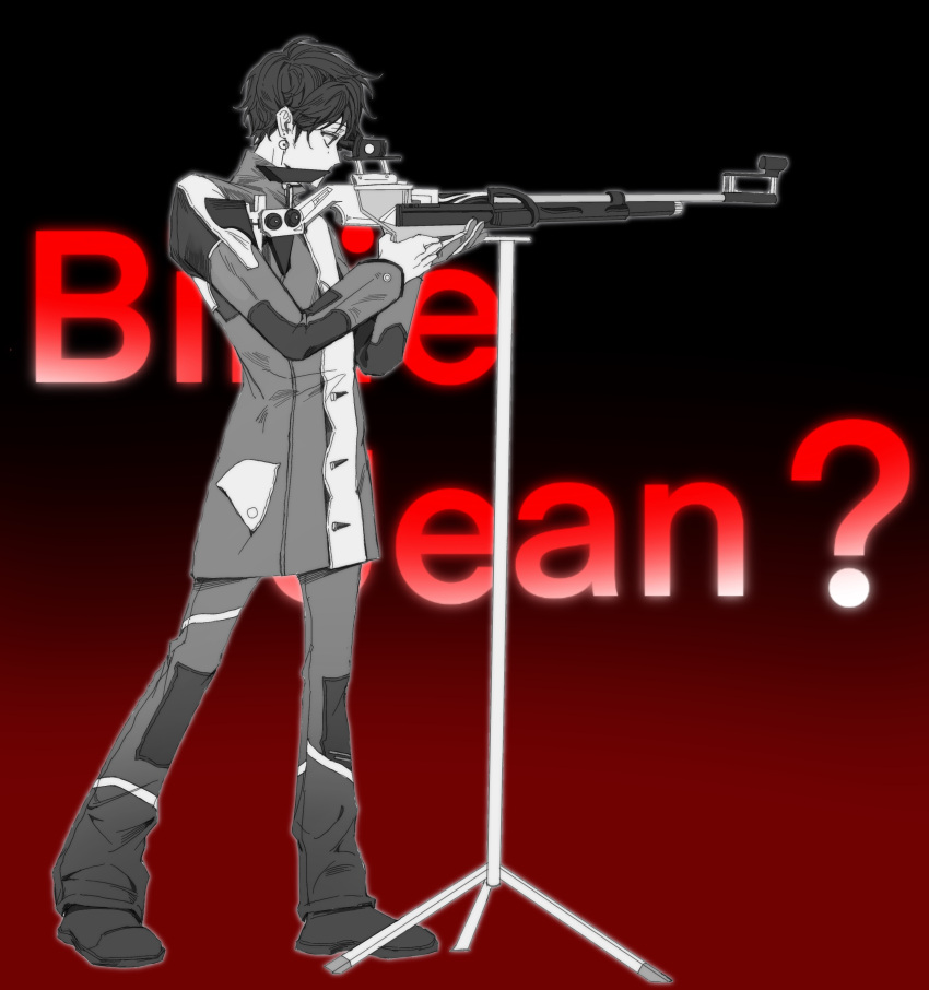 1boy, absurdres, billie_jean, chinese_commentary, commentary_request, earrings, from_side, full_body, greyscale_with_colored_background, gun, highres, jacket, jewelry, li_yuting_(male), lili_buxiang_dong, long_sleeves, male_focus, pants, red_background, rifle, short_hair, sniper_rifle, solo, touqi_guaitan, weapon