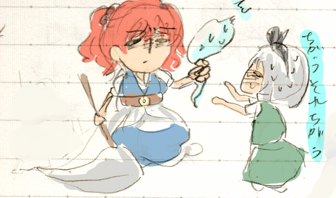 2girls, belt, black_hairband, blue_dress, brown_belt, dress, green_skirt, green_vest