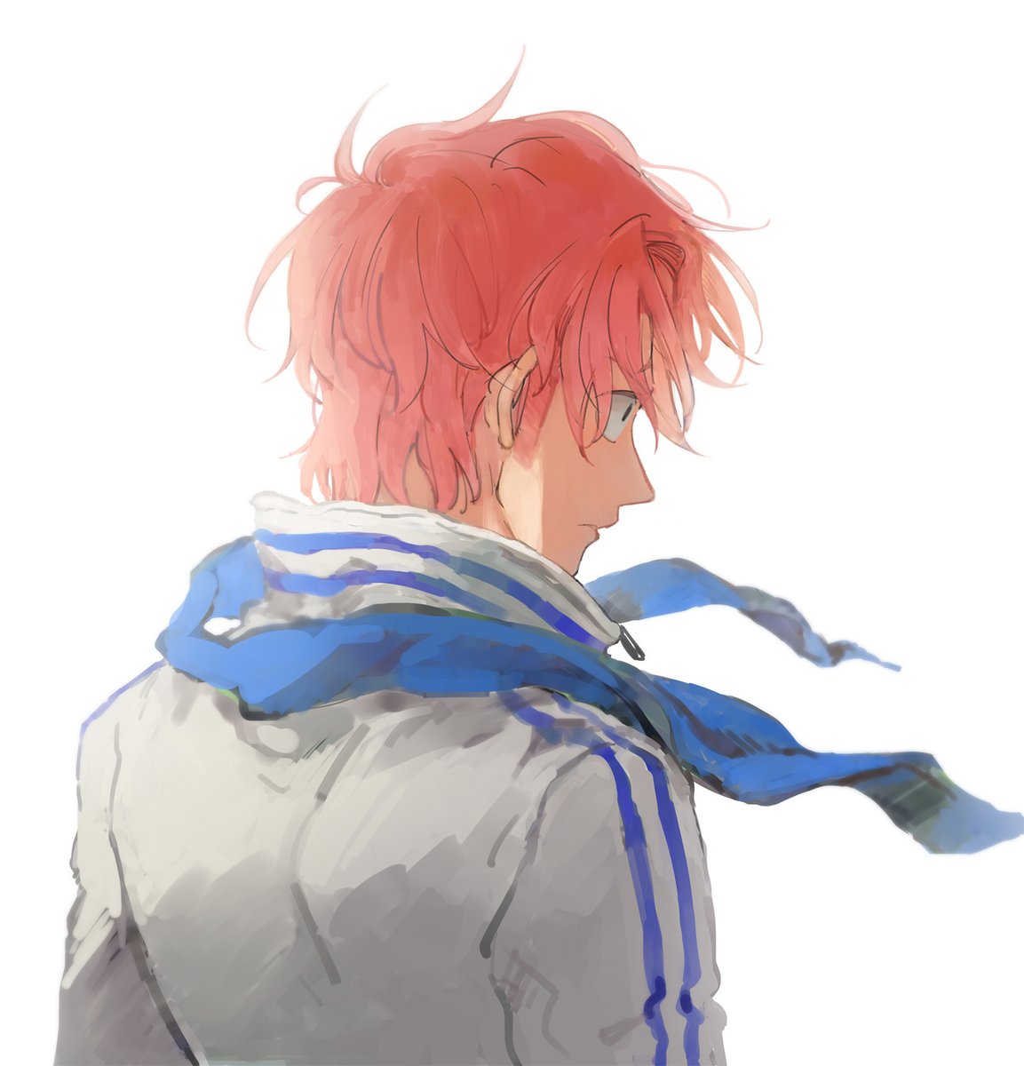 1boy, black_eyes, blue_scarf, blue_stripes, floating_clothes, from_behind, hair_behind_ear, hair_between_eyes