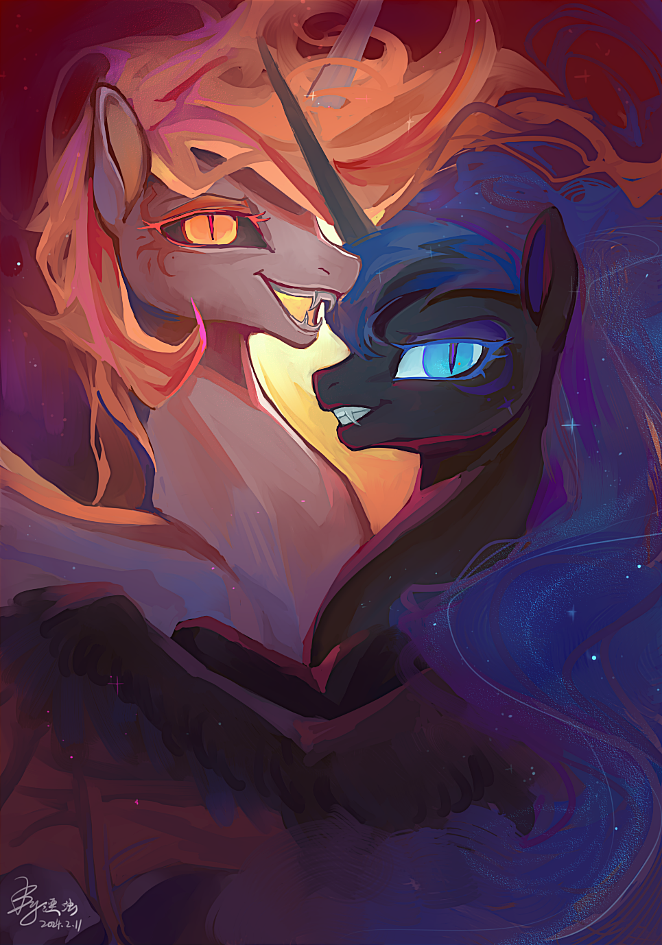 animal, blue_eyes, celestia_(my_little_pony), floating_hair, highres, long_hair, looking_at_viewer, luna_(my_little_pony), my_little_pony, my_little_pony:_friendship_is_magic, nightmare_moon, orange_eyes, shiqiuzhu, siblings, sisters, slit_pupils, starry_hair, very_long_hair