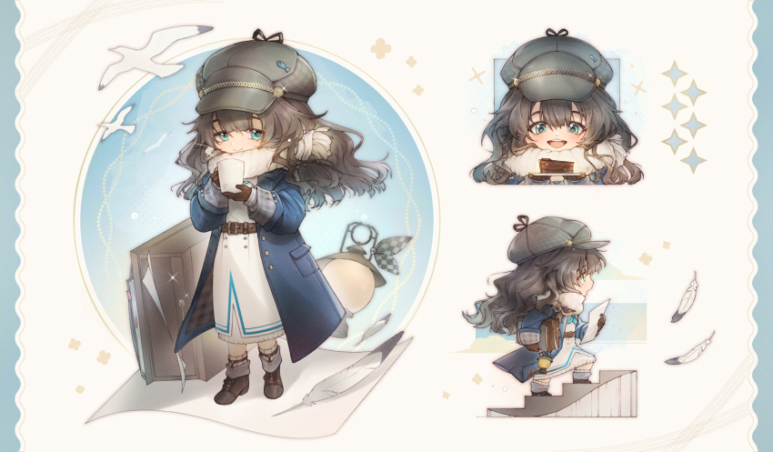 1girl, :d, ankle_boots, belt, blue_coat, blue_eyes, boots, brown_belt