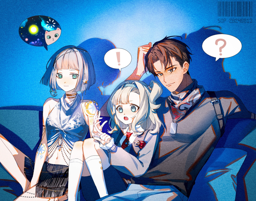 !, 1boy, 2girls, :o, ?, aqua_eyes, barcode, bare_shoulders, black_hair, black_neckerchief, black_shirt, black_skirt, blue_background, blue_eyes, blue_hairband, blunt_bangs, blunt_ends, collared_shirt, couch, earrings, feet_out_of_frame, film_grain, grey_hair, grey_shorts, grey_sweater, grey_tank_top, hairband, hand_on_own_head, head_rest, highres, jewelry, joe_(reverse:1999), knee_up, kneehighs, knees_up, looking_ahead, looking_to_the_side, matilda_bouanich, medium_hair, mercuria_(reverse:1999), midriff, miniskirt, multiple_girls, navel, neckerchief, necktie, on_couch, one_side_up, open_mouth, red_necktie, reverse:1999, shadow, shirt, short_hair, shorts, shoulder_tattoo, sitting, skirt, smile, socks, sopdraws, speech_bubble, spoken_exclamation_mark, spoken_object, spoken_question_mark, sweater, tank_top, tattoo, white_shirt, white_shorts