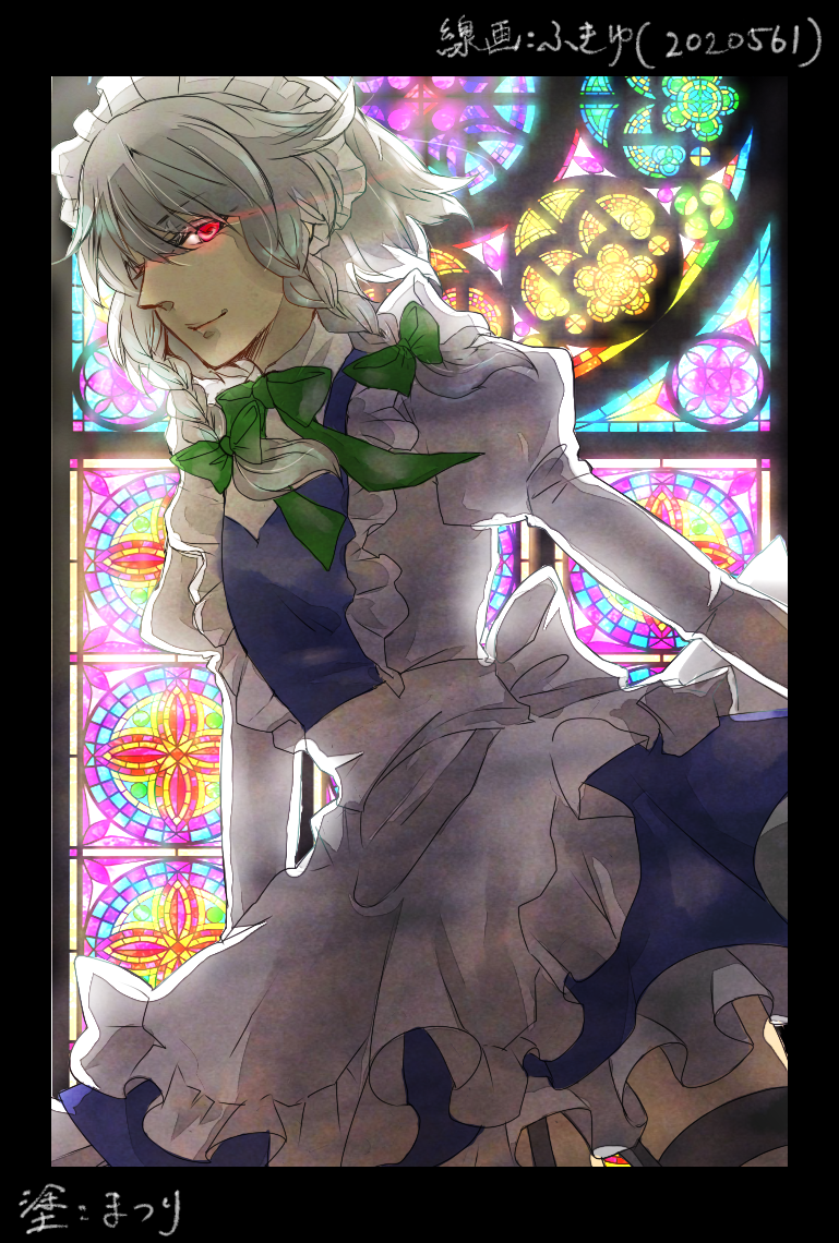 1girl, apron, black_border, black_thighhighs, blue_dress, border, bow, braid